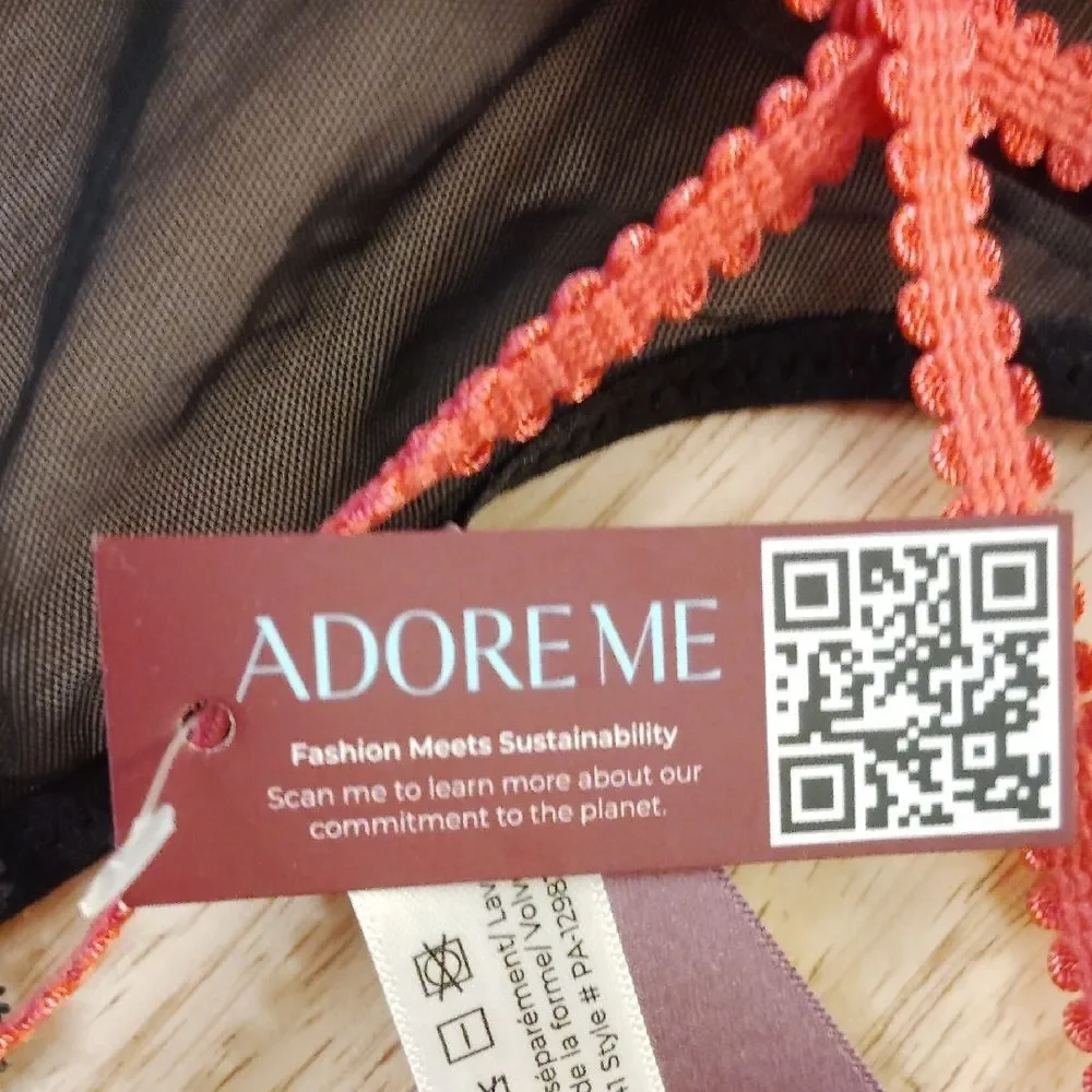 Adore Me Black Lace Sheer Thong with Red Strap Detail (501)